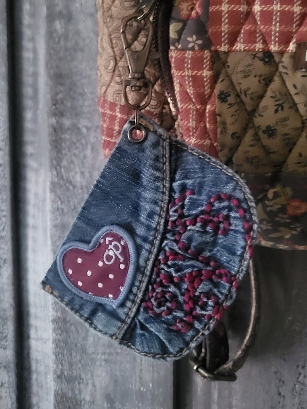 Handmade OOAK Upcycled Denim Pocket Bag Charm Heart Embroidery